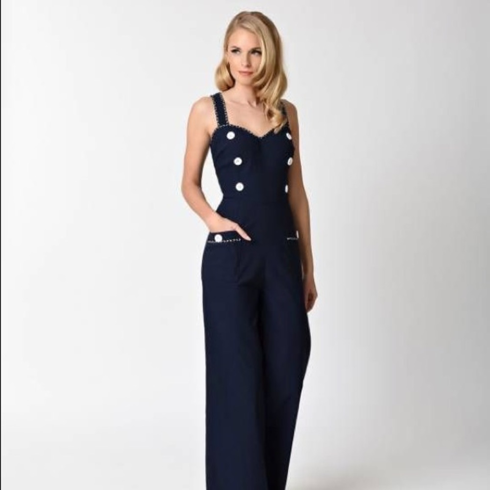 Voodoo Vixen Navy Blue Nautical Button Jumpsuit